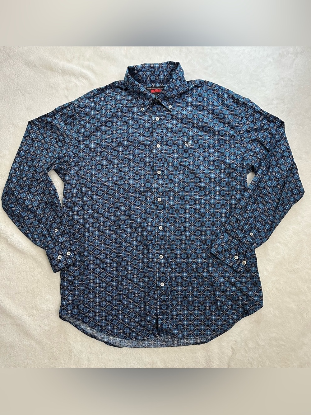 Rock & Roll Denim Blue Tile Medallion Long Sleeve Button Up Shirt Men's L